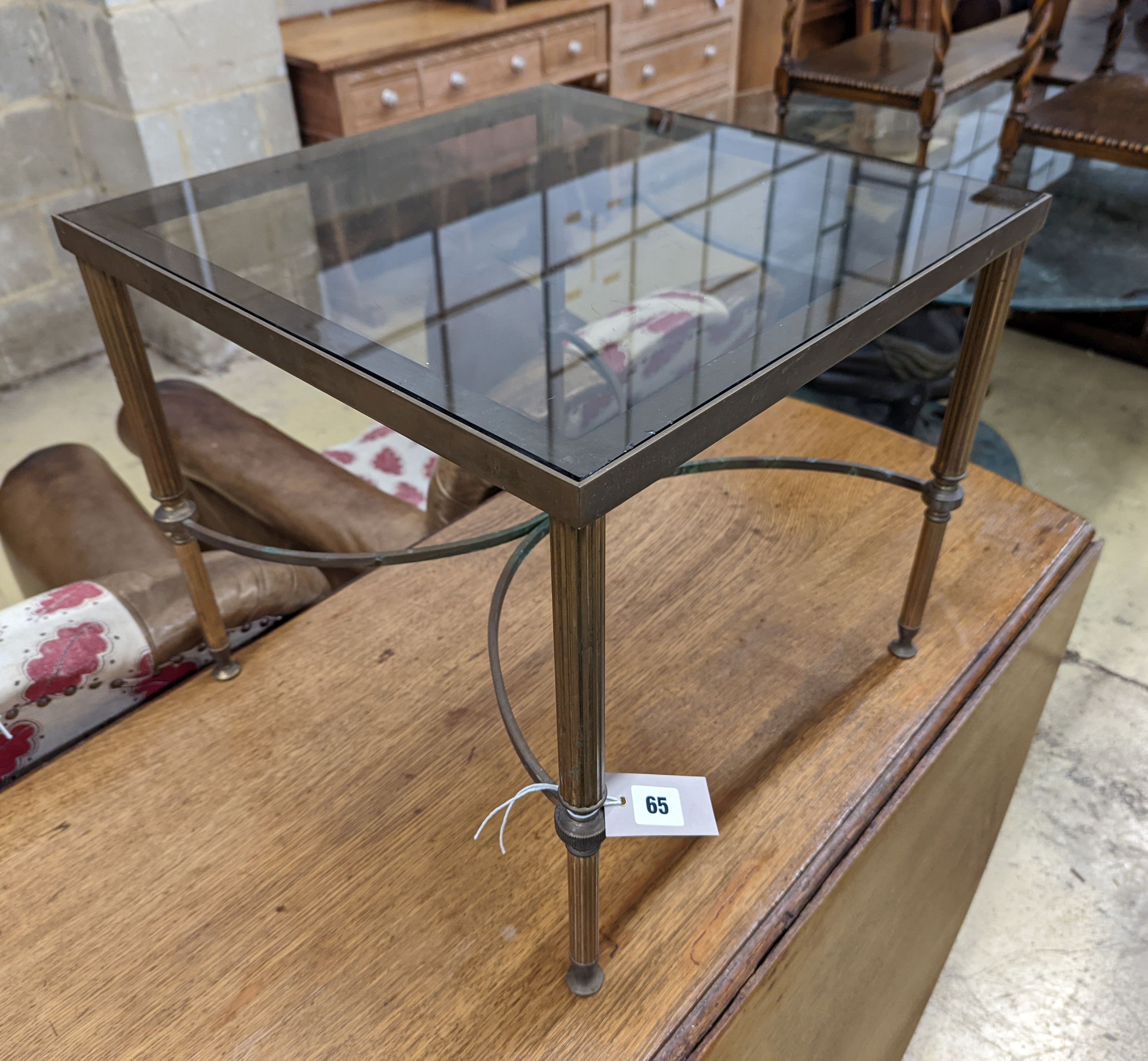 A Maison Jansen style glass and brass square occasional table. W-47cm, D-47cm, H-41cm.